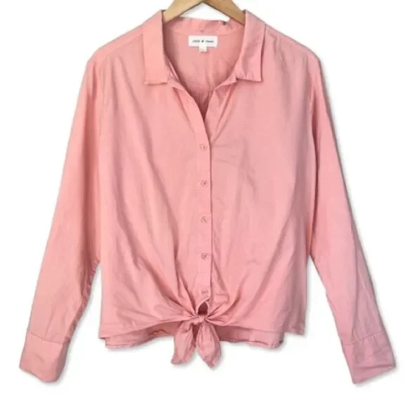 Anthropologie Cloth & Stone Pink Button-Up Long Sleeve Tie Shirt Blouse SZ L - Picture 11 of 16